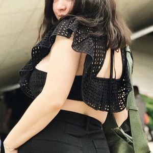 Urban Outfitters - Black Flutter Sleeve Crop Top